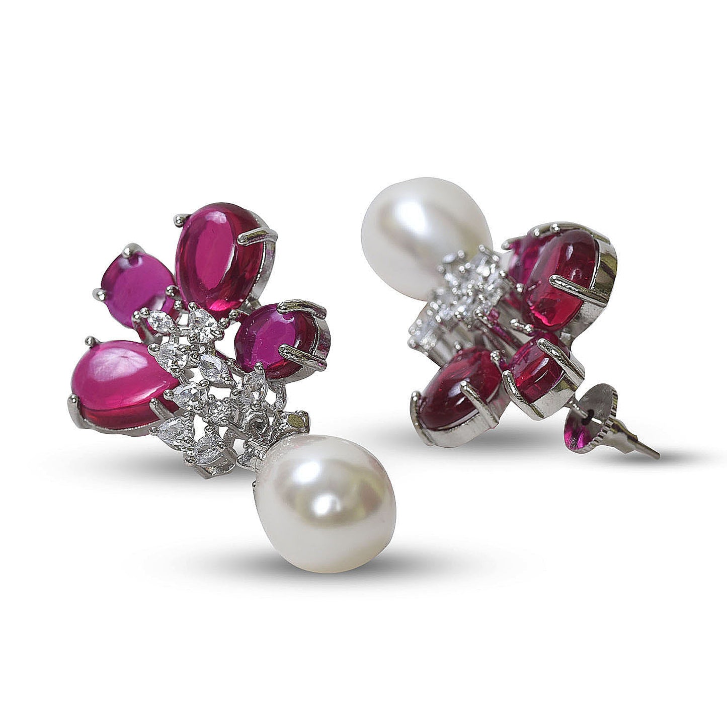Ruby flower pearl drop earrings