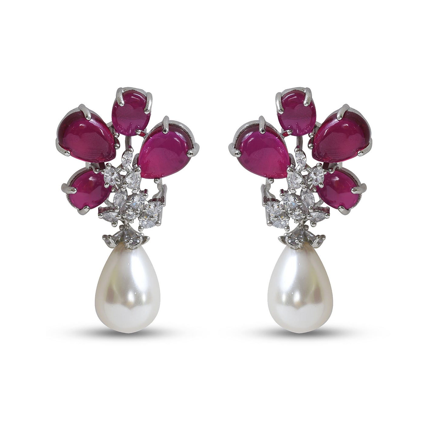 Ruby flower pearl drop earrings