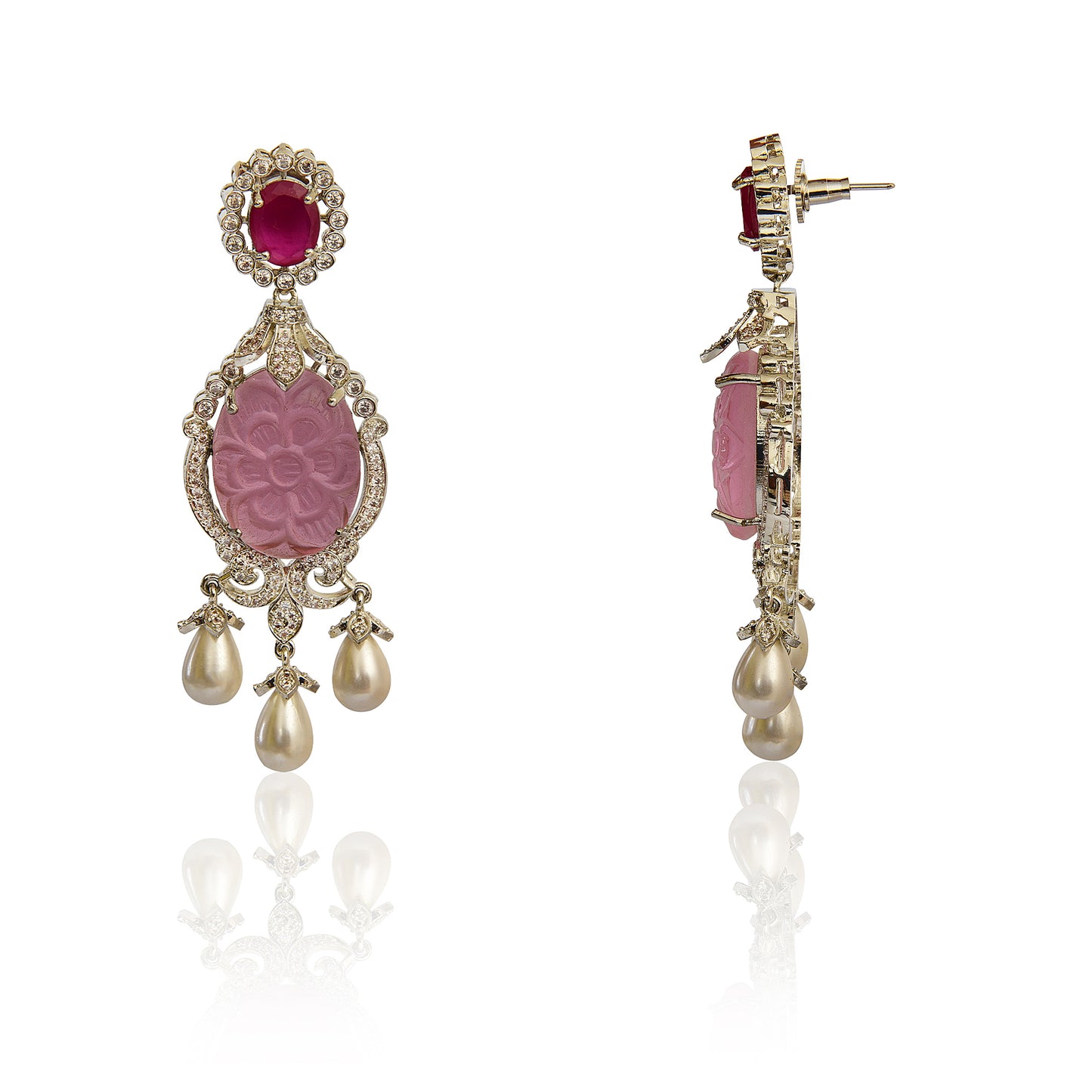 Red and pink carving earrings