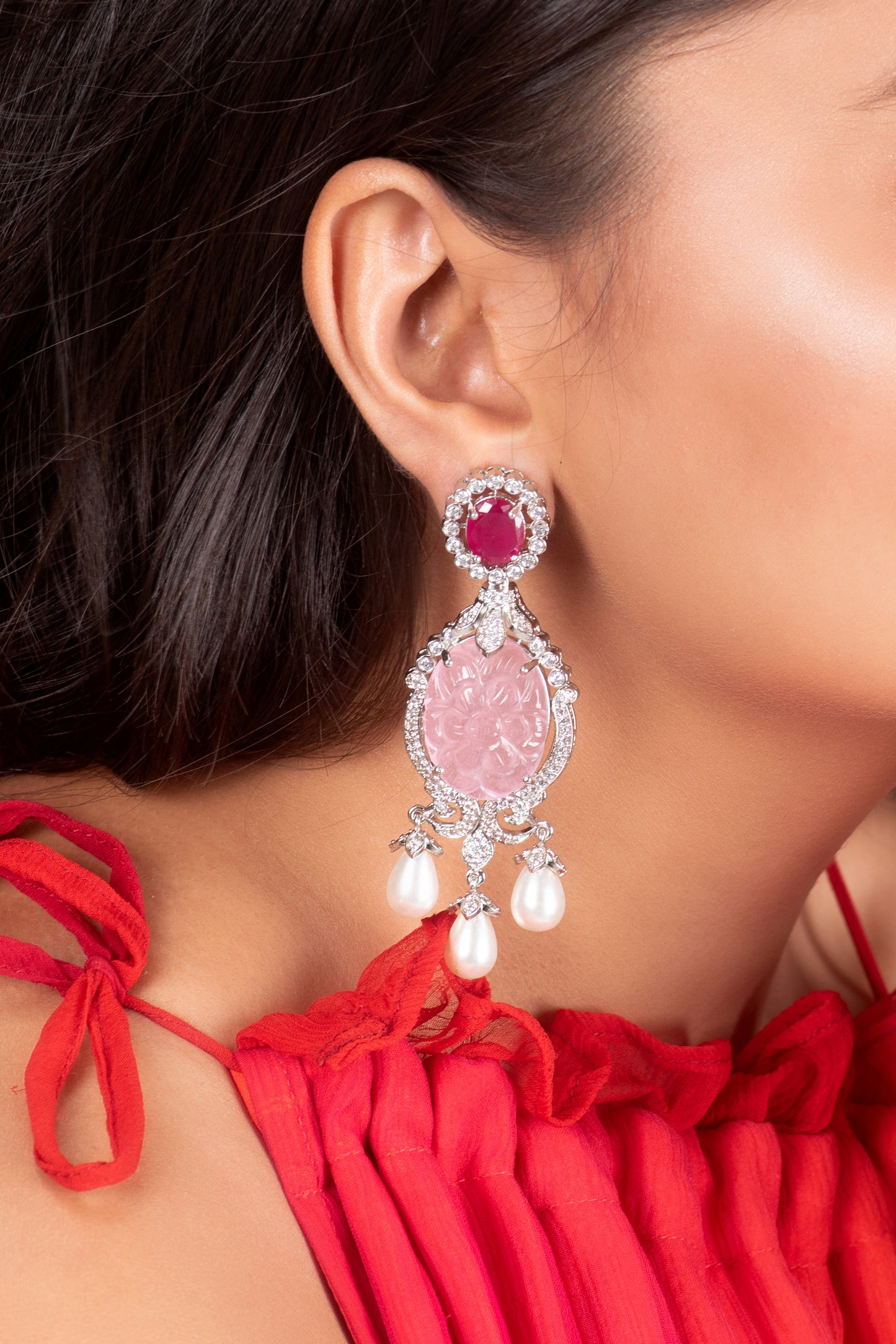 Red and pink carving earrings