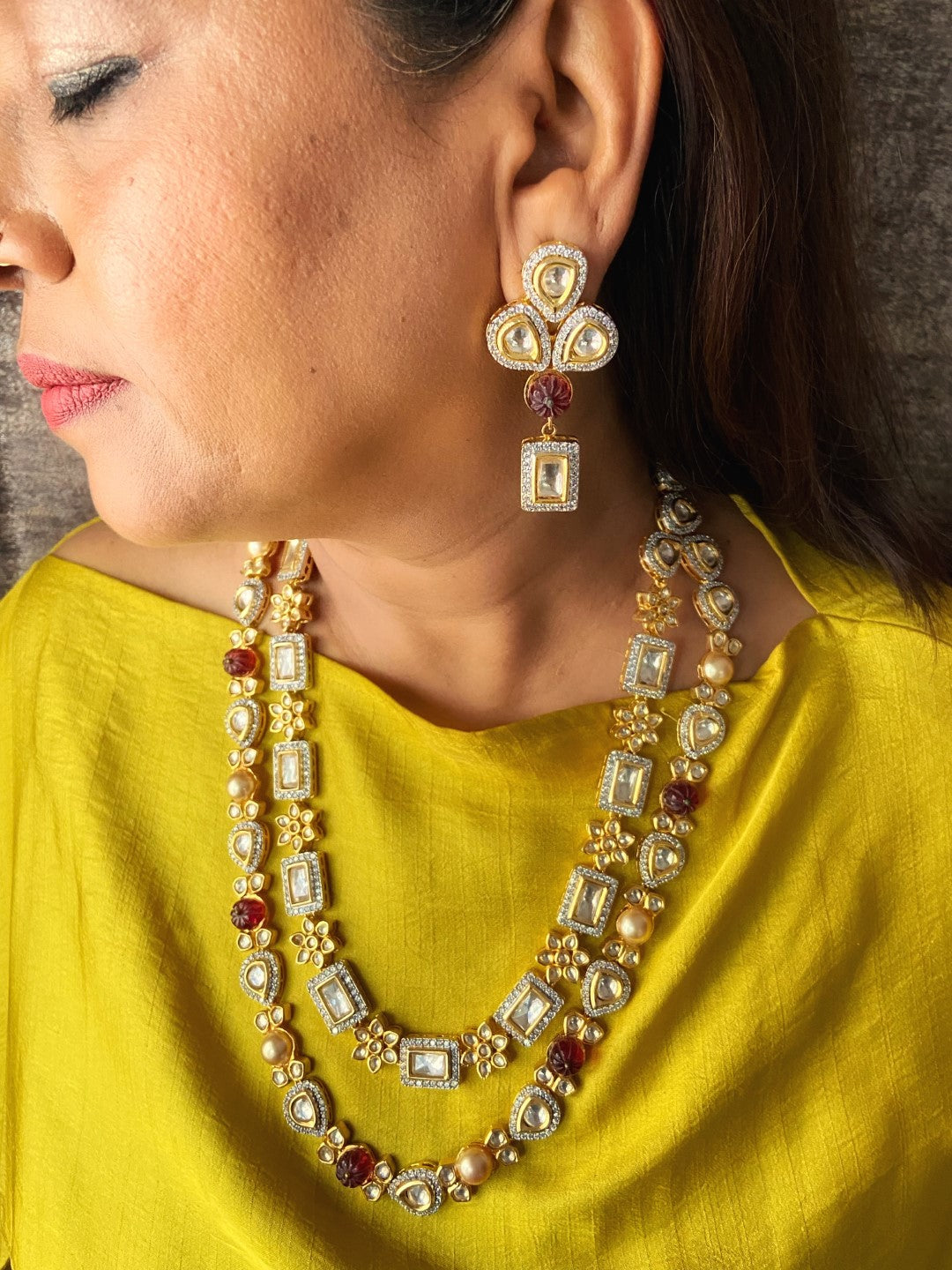 Kundan double layered with red turmoline necklace set