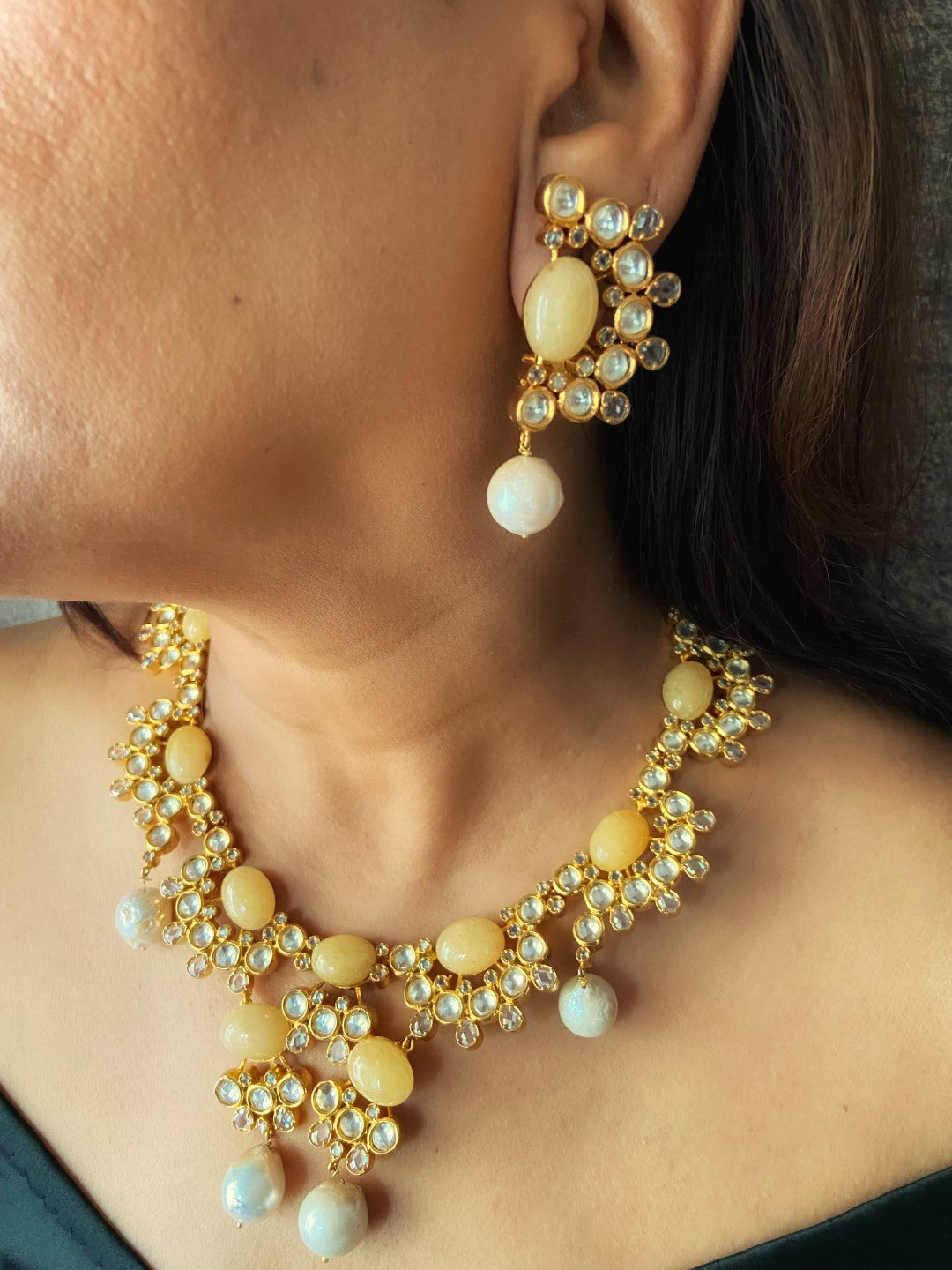 Polki and yellow aventurine with baroque pearl necklace set