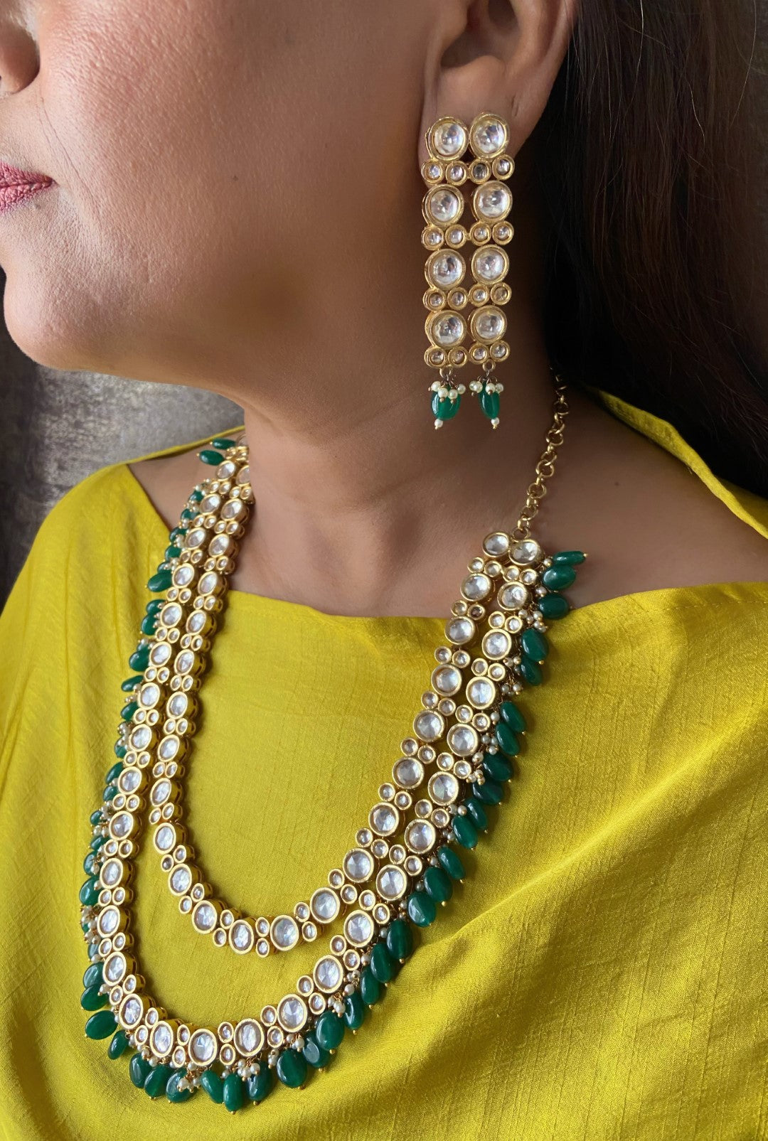 Kundan double layered with emerald long necklace set