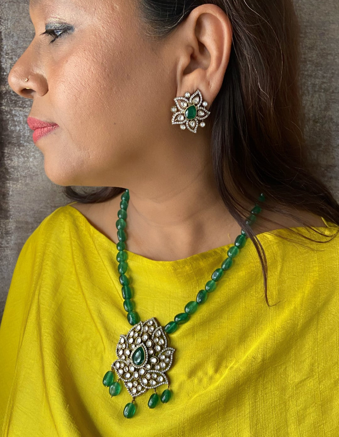 Victorian finish flower polki diamond green necklace set