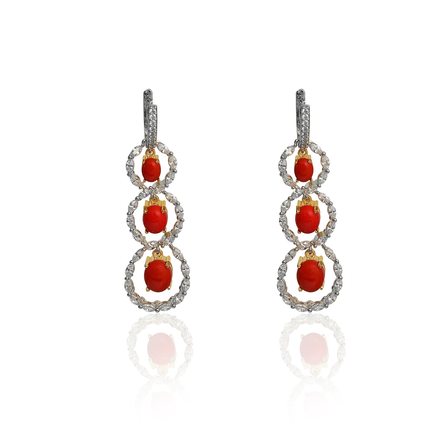 Marquise diamond and dark red coral earrings