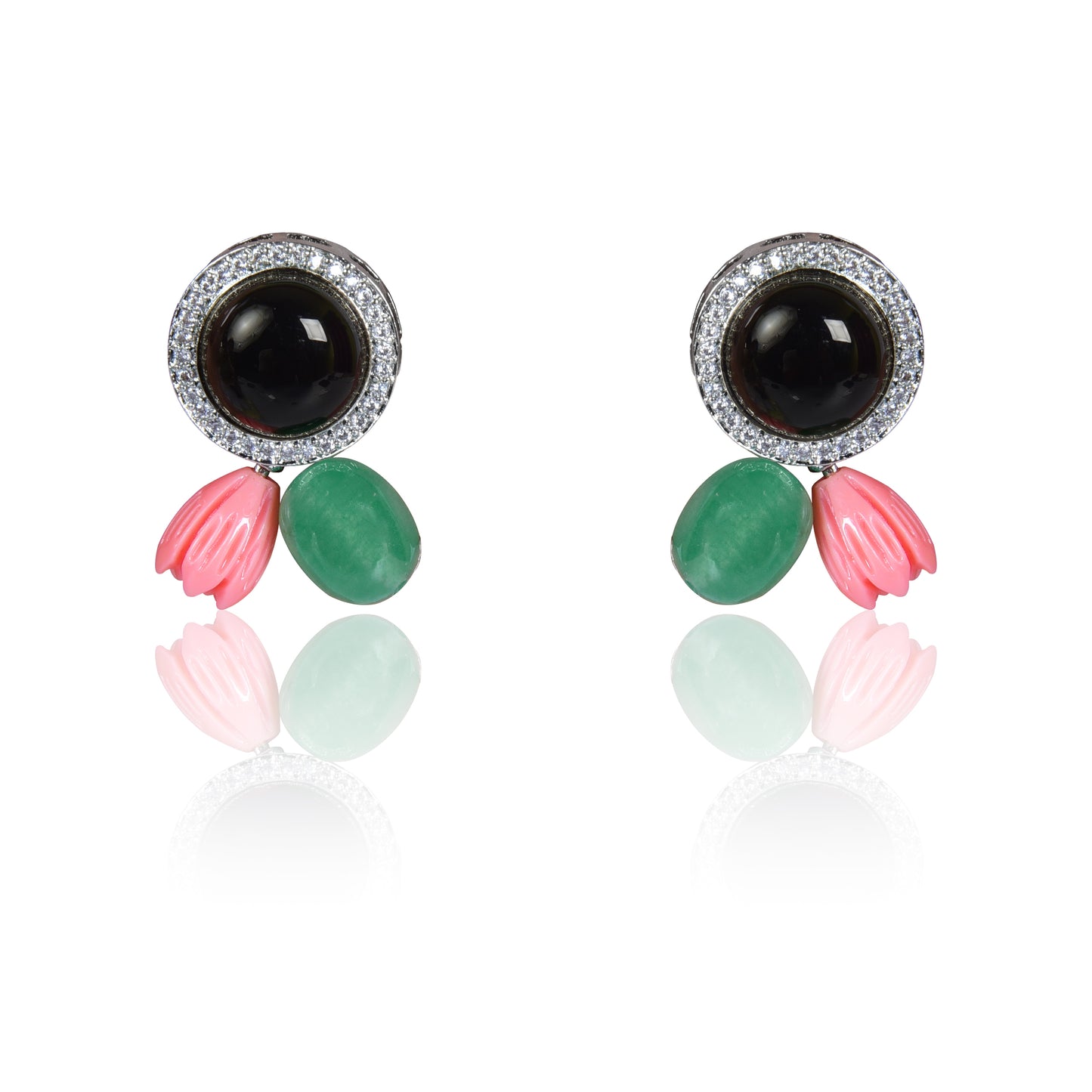 Black onyx with coral and green tumble stud earrings