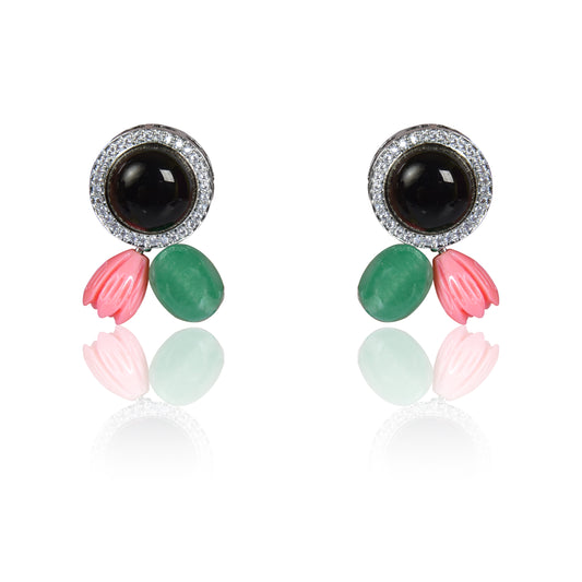 Black onyx with coral and green tumble stud earrings