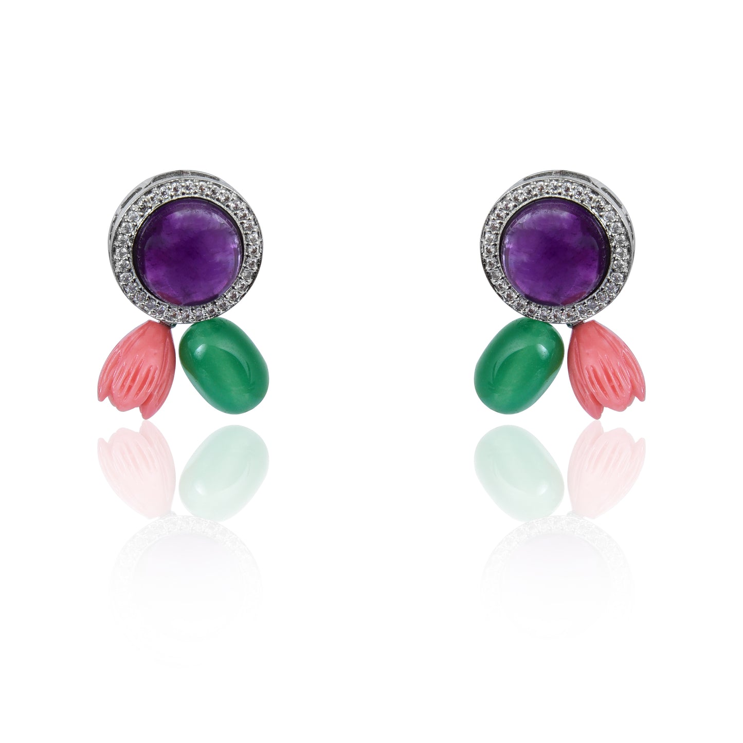 Amethyst with coral and green tumble stud earrings