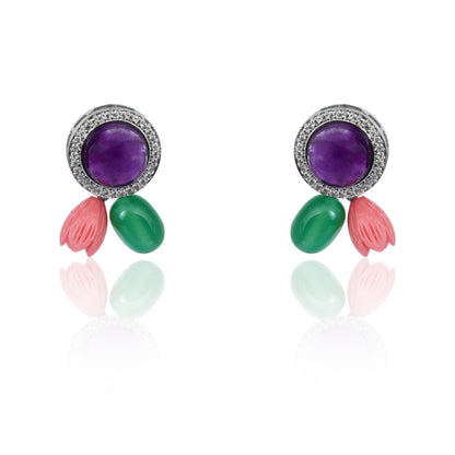 Amethyst with coral and green tumble stud earrings