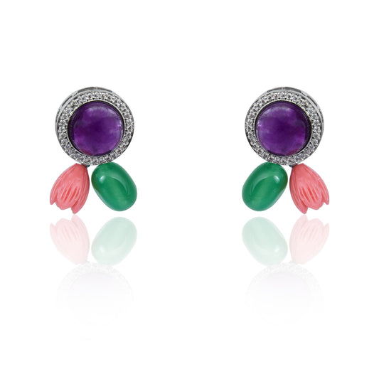 Amethyst with coral and green tumble stud earrings