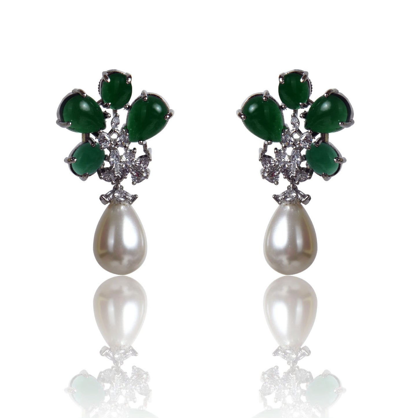 Emerald flower pearl drop earrings