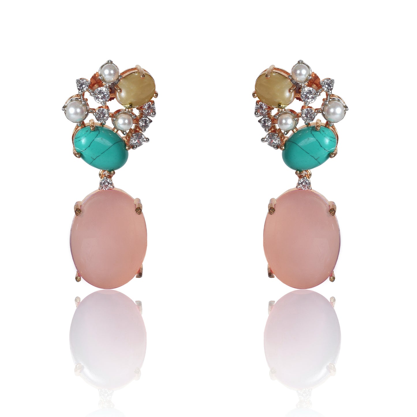 Yellow aventurine and turquoise with pink chalcedony drop earrings