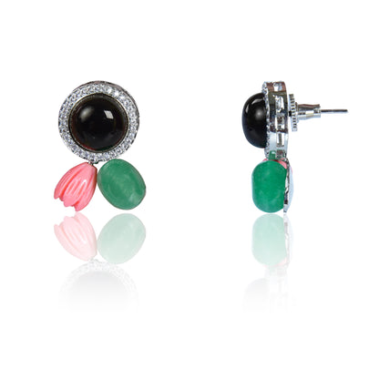 Black onyx with coral and green tumble stud earrings