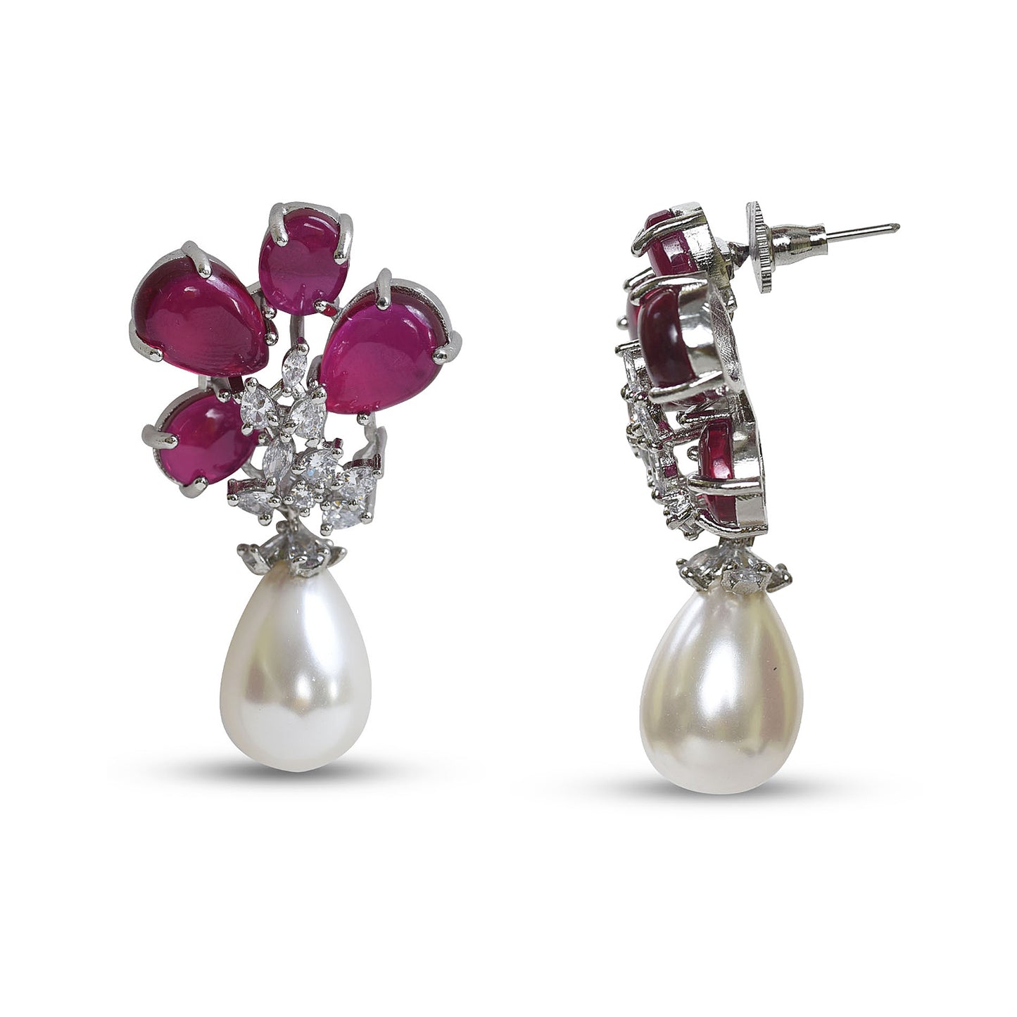 Ruby flower pearl drop earrings