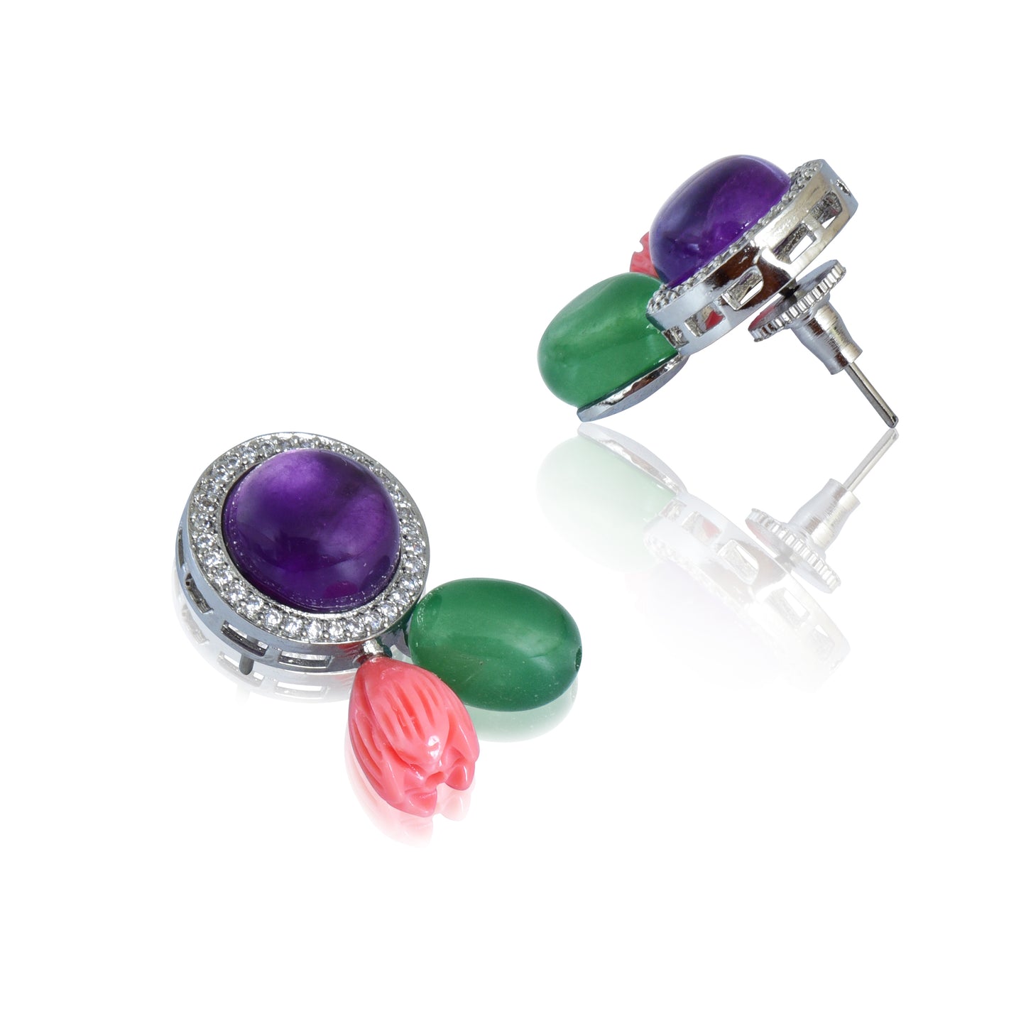 Amethyst with coral and green tumble stud earrings