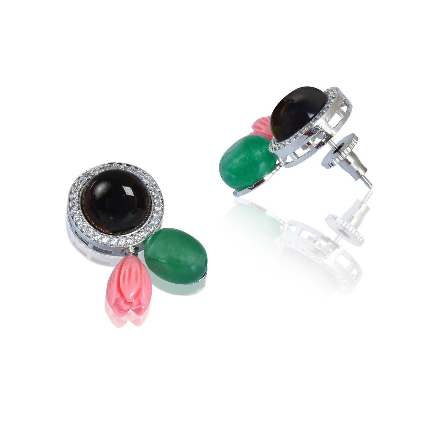 Black onyx with coral and green tumble stud earrings