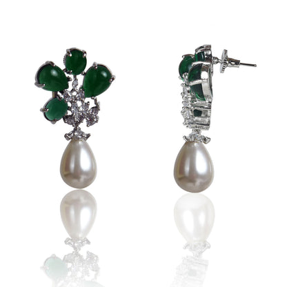 Emerald flower pearl drop earrings