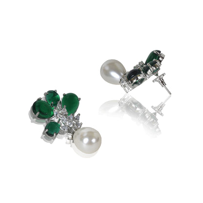 Emerald flower pearl drop earrings