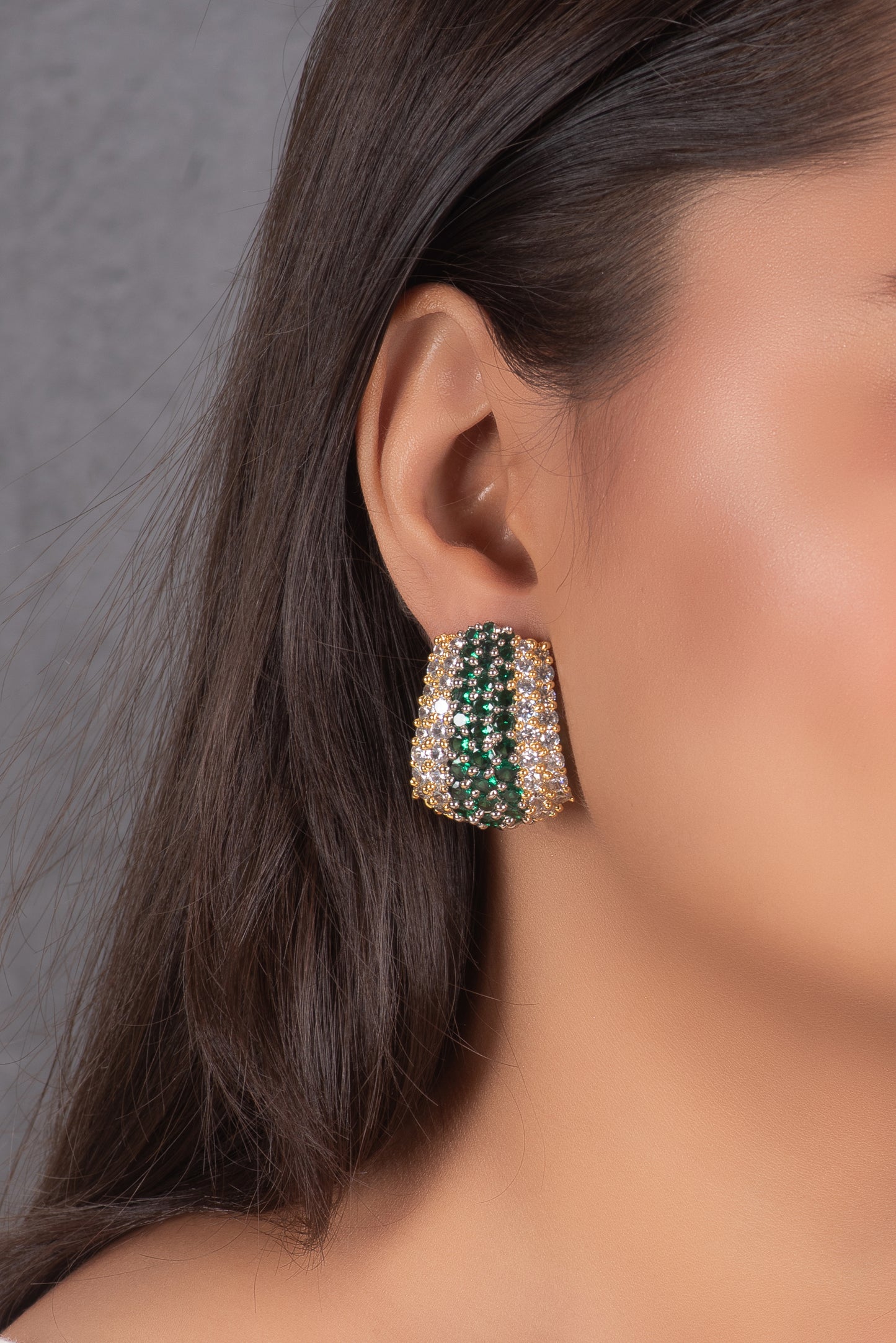 Green and white zirconia half hoop earrings