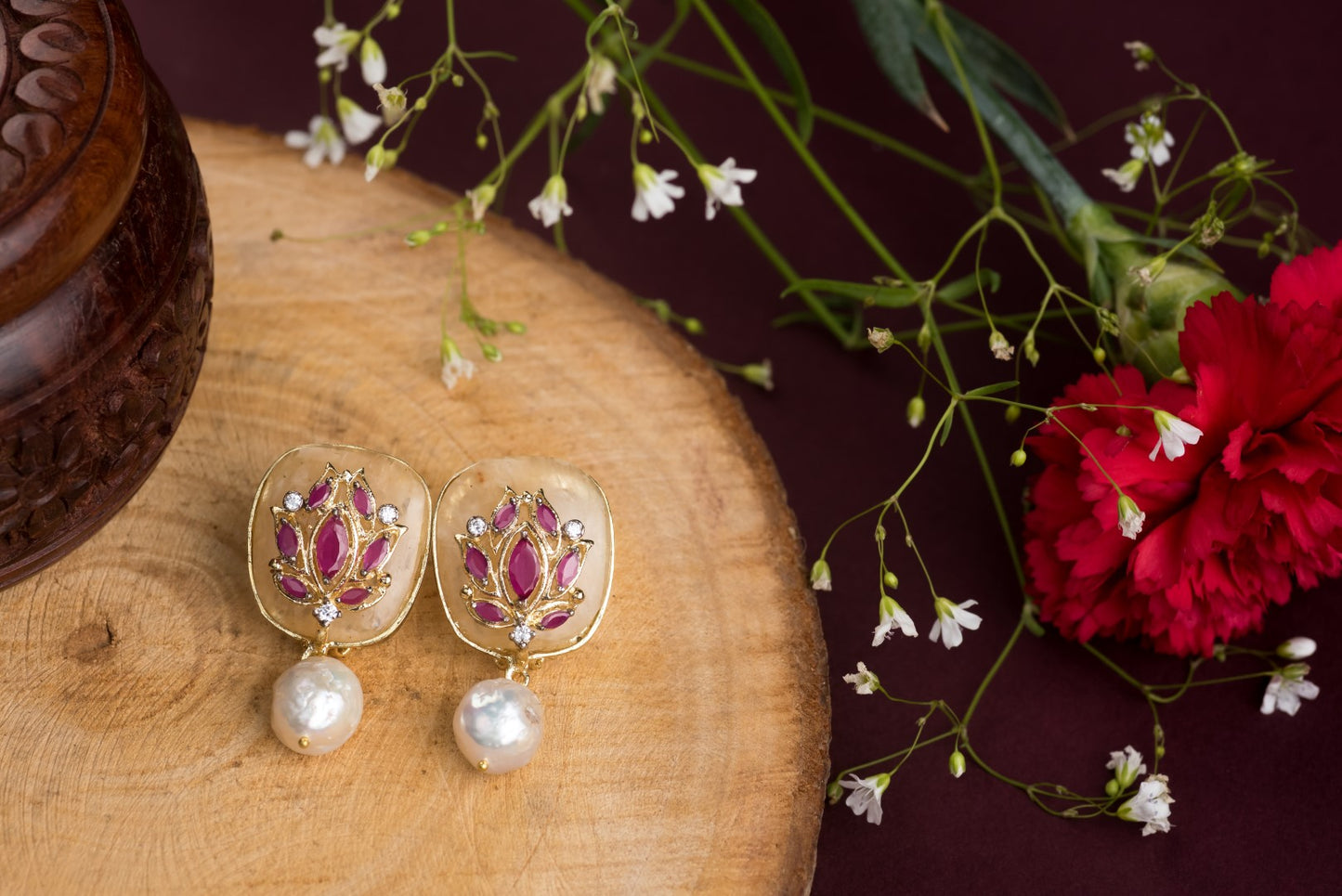 Lotus shaped red and yellow aventurine earrings