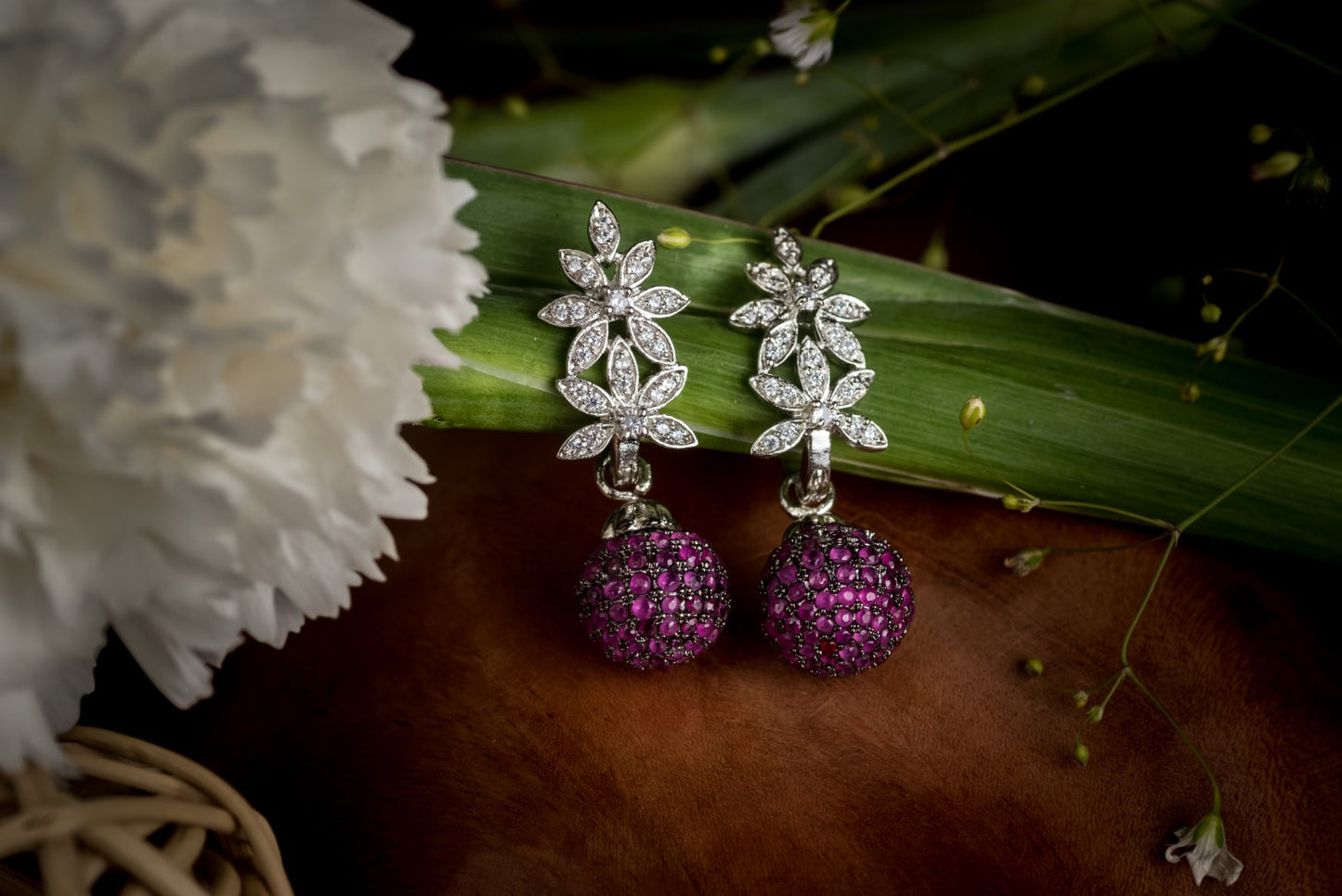 Dainty red zirconia ball dangler earrings