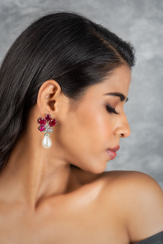 Ruby flower pearl drop earrings