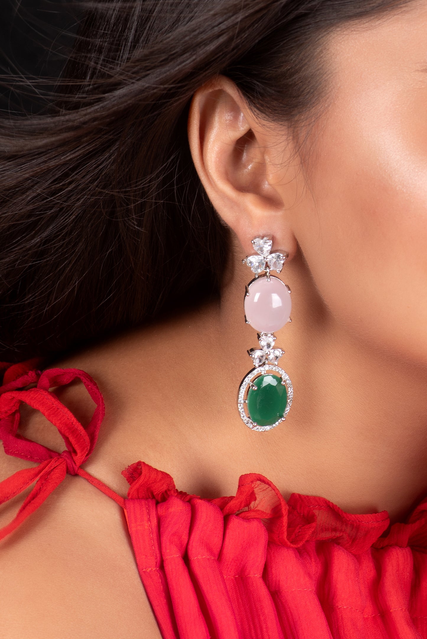 Pink chalcedony with green cut dangler earrings