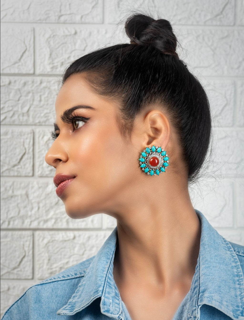 Turquoise and red onyx tops earrings