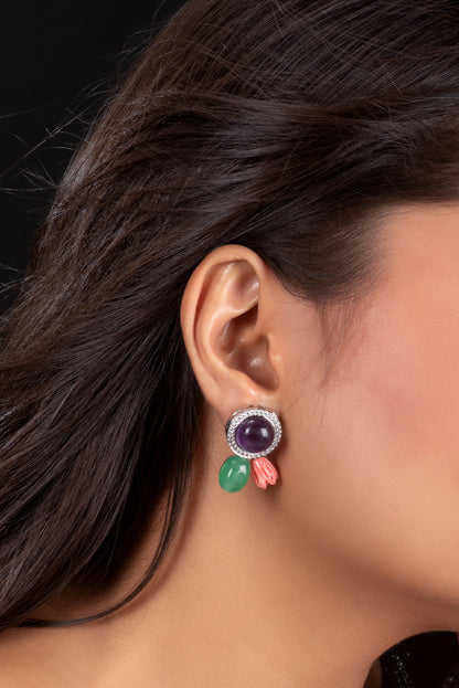 Amethyst with coral and green tumble stud earrings