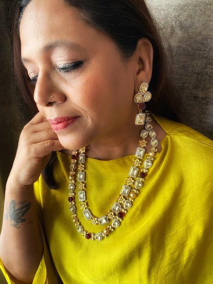 Kundan double layered with red turmoline necklace set