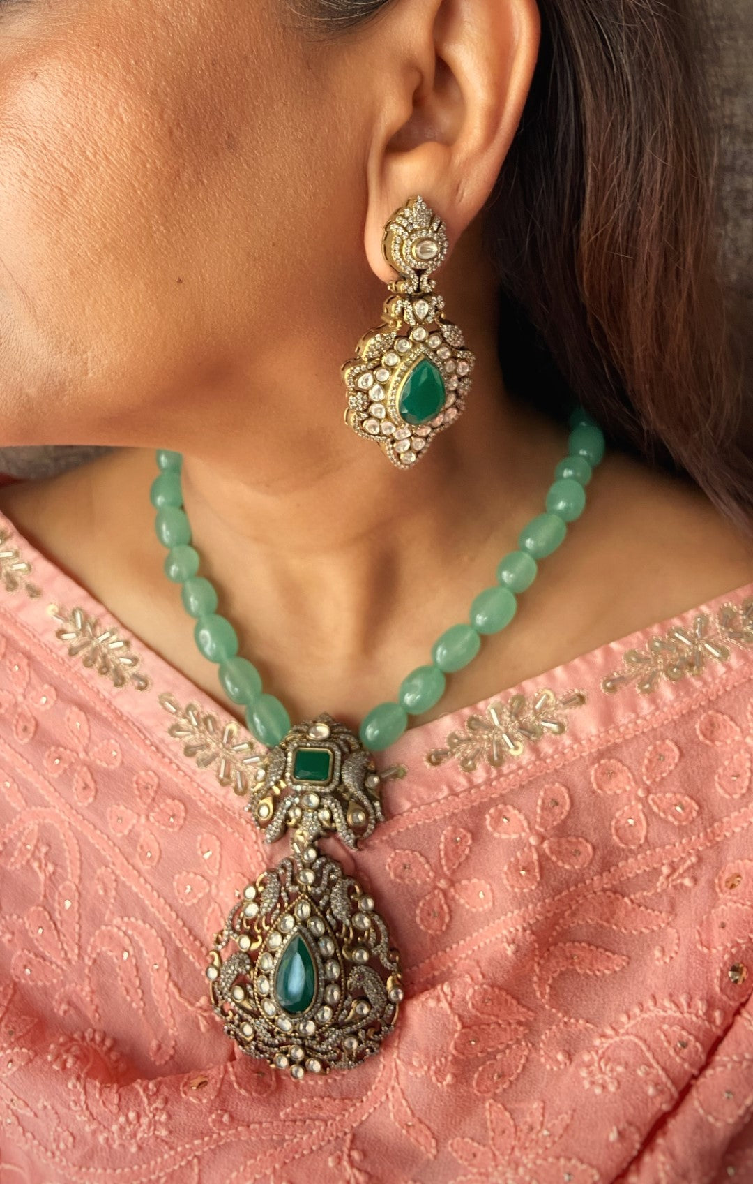 Victorian finish peacock polki diamond aqua green necklace set