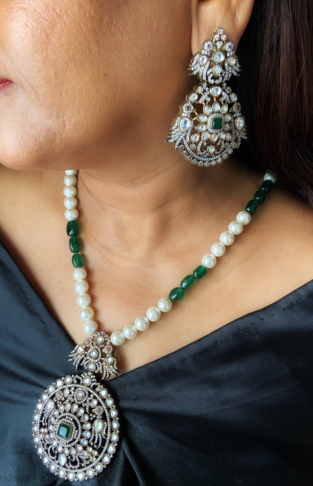 Victorian finish long polki diamond green necklace set