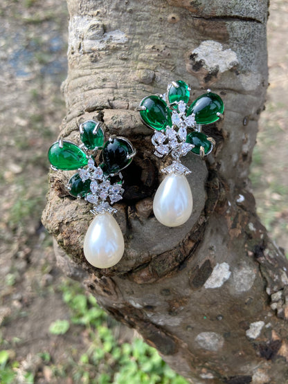 Emerald flower pearl drop earrings