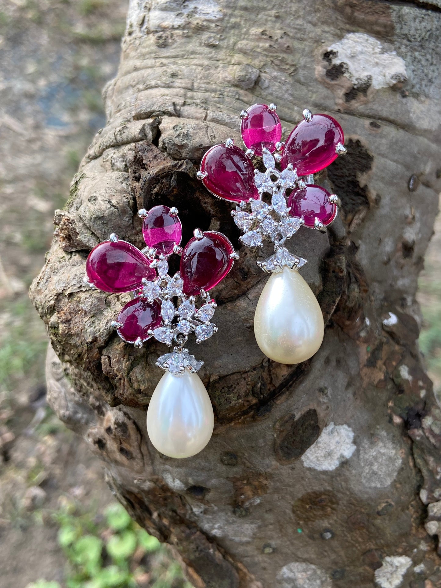 Ruby flower pearl drop earrings