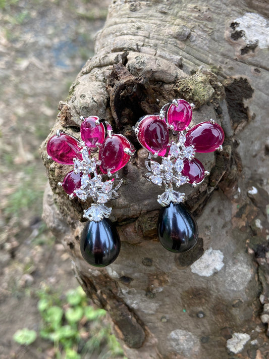 Ruby flower grey pearl drop earrings